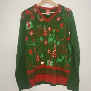 My Ugly Christmas Party Sweater Men's Medium Green Red Holiday V-Neck EUC